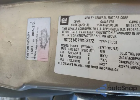 2001 GMC Sonoma Sls z USA, uszkodzony, nr VIN 1GTCS145718193172